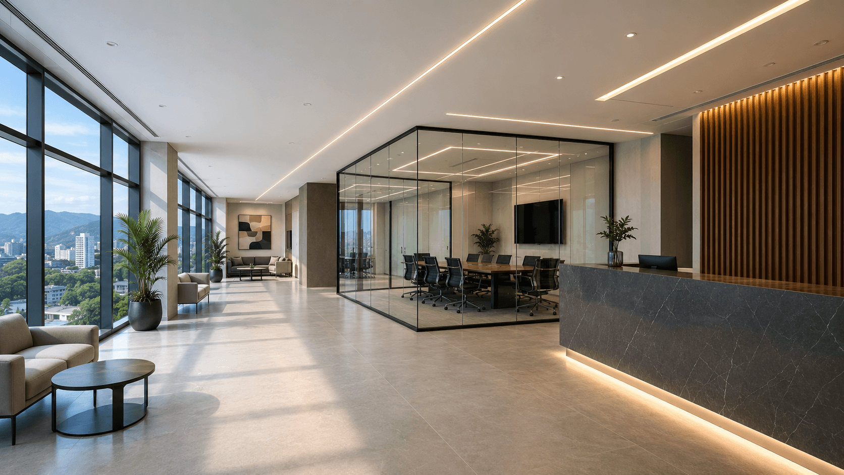 Espacio corporativo moderno con recepción y sala de reuniones